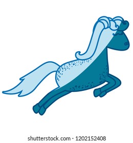 blue silhouette of cartoon horse with freckles and jumping