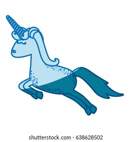 blue silhouette of cartoon unicorn with stains and jumping vector illustration
