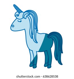 blue silhouette of cartoon unicorn standing with closed eyes and striped mane vector illustration