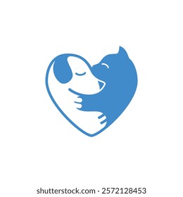 A blue silhouette of a cat and dog hugging, forming a heart shape.