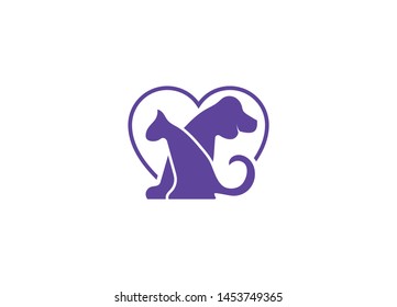 Blue silhouette of cat and dog inside a heart shape symbolizing pet love