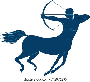 Blue silhouette of a centaur shooting arrow from a bow, EPS 8 vector illustration