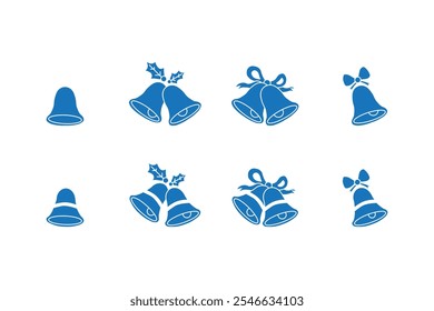 Blue silhouette of Christmas bell. Decorating Christmas bells with ribbons. Holiday celebration decoration. Vector.