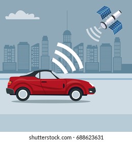 blue silhouette city landscape background of sport convertible vehicle in the street with wireless sygnal satellite search