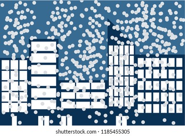 Blue silhouette of a city on a snowing night.