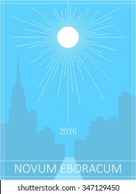 Blue silhouette of a city under rays of white sun