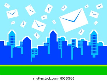Blue silhouette of city with white envelopes