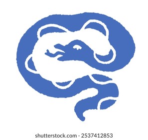 Silhueta azul de uma cobra enrolada em um estilo estilizado desenhado à mão, isolado em um fundo branco, ilustração vetorial adequada para temas tribais, natureza e vida selvagem.