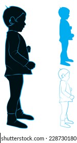 Blue silhouette and contour of a little boy standing in profile, vector illustration