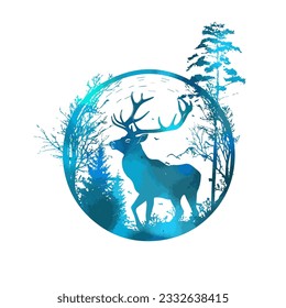 A blue silhouette of a deer standing among the trees on the grass. Vector illustration of a forest with pine tree in circle.