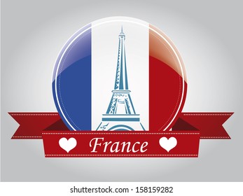 a blue silhouette of the eiffel tower in a circle with the france flag and a ribbon