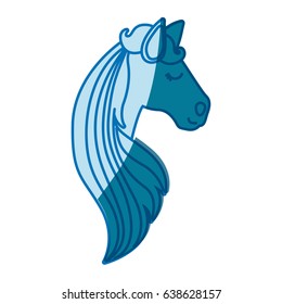 blue silhouette of face side view of female horse with long striped mane vector illustration