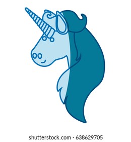blue silhouette of face side view of male unicorn and long mane vector illustration