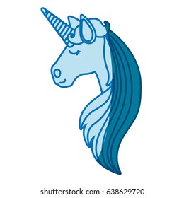 blue silhouette of of face side view of female unicorn and long striped mane vector illustration