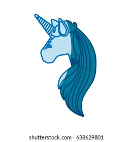 blue silhouette of faceless side view of unicorn and long striped mane vector illustration