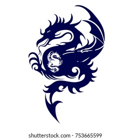 Blue silhouette of a fighting dragon, on white background, vector