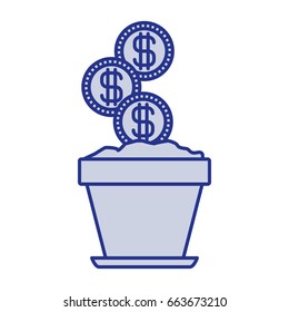 blue silhouette of flower pot with set of coins vector illustration