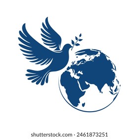 Blue silhouette of flying dove with a olive branch in its beak and Earth globe, isolated on white background. Vector illustration