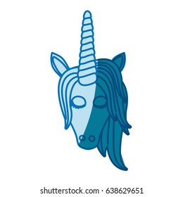 blue silhouette of front face of female unicorn with closed eyes and mane vector illustration
