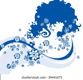 blue silhouette of the girl with flowerses - vector