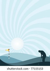 Blue silhouette of golfer playing at sunset, with rolling hills and sunburst sky