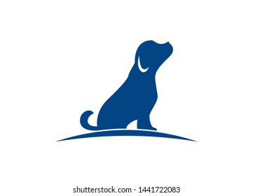 Blue silhouette of a happy dog sitting and looking upwards with a curved line underneath