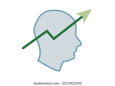 Blue silhouette of head with green growth arrow representing personal growth