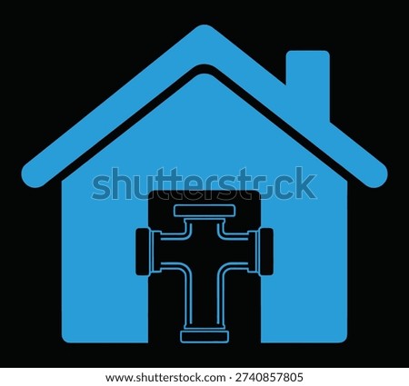 A blue silhouette of a house with a pipe fitting inside its entrance, set against a black background, symbolizing home plumbing services.
