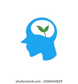 Blue silhouette of a human head with a green sprout inside, symbolizing growth, mindfulness, and sustainable thinking. mental health, eco-consciousness, and personal development concepts.