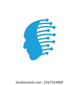 blue silhouette of a human head with lines and dots extending from the back, resembling a digital or technological interface
