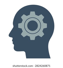 Blue silhouette of a human head profile containing a cogwheel gear inside. Symbolizes thinking, problem solving, mental processing, logic and engineering concepts in business.