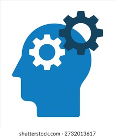 A blue silhouette of a human head with two gears inside, symbolizing thought, ideas, and cognitive processes.