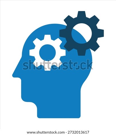 A blue silhouette of a human head with two gears inside, symbolizing thought, ideas, and cognitive processes.