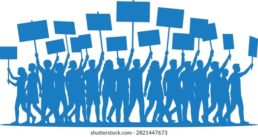 A blue silhouette illustration of a large crowd of people holding blank placards and signs, representing a protest, demonstration, or social movement.