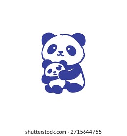 A blue silhouette image of a large panda hugging a smaller panda, on a white background