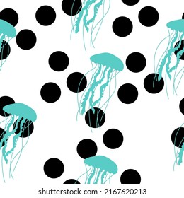 Blue silhouette of jellyfish with black spots in the form of circles seamless pattern, bright silhouettes of underwater animals on a white background vector illustration