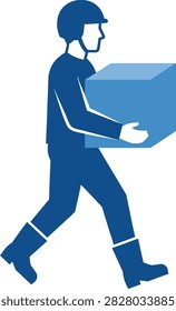 Blue silhouette of a logistics worker delivering a parcel. The courier man carries a box while walking. Ideal for shipping and transport concepts.