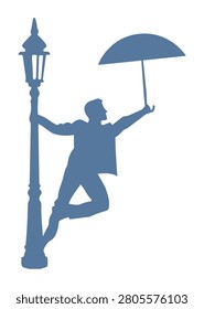 A blue silhouette of a man holding an open umbrella and leaning playfully against a street lamppost.