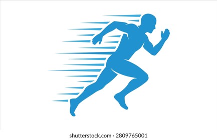 Blue silhouette of a man running quickly with motion lines behind him in a dynamic vector graphic illustration design