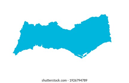 blue silhouette of a map of the Algarve city in southern Portugal on a white background