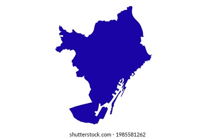 Blue silhouette map of the city of Barcelona in Spain