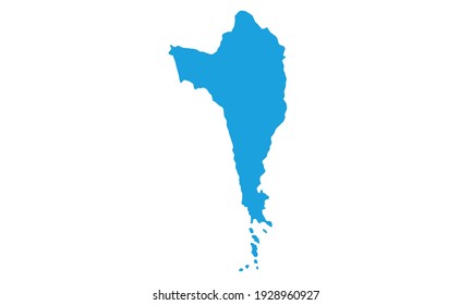 blue silhouette of a map of the island of Phu Quoc in Thailand on a white background