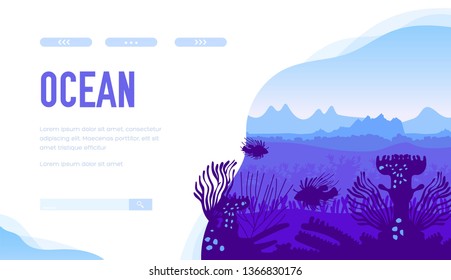 Blue silhouette of marine landscape with habitants: exotic fishes, sargassum, submersed weeds, coral reefs. Undisturbed place of ocean bottom. Vector design for ecology, scuba diving projects.