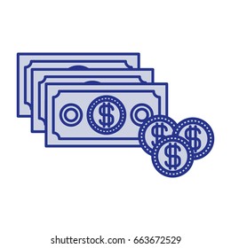 blue silhouette with money bills and coins set vector illustration