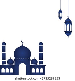 Blue silhouette mosque with hanging lanterns on light gray background 