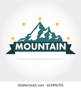 blue silhouette of mountains logo vector with stars, ribbon, and shadow effect