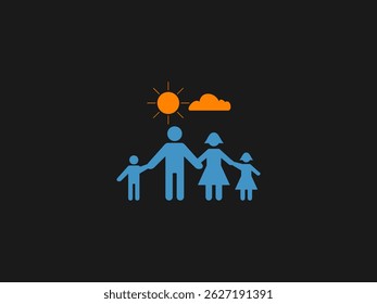 a blue silhouette of a nuclear family of four holding hands