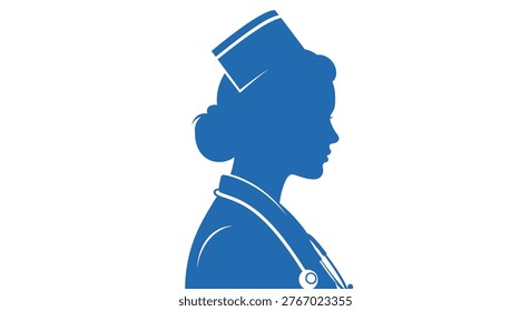 Blue silhouette of a nurse's head and shoulders