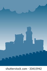 Blue silhouette of old castle.