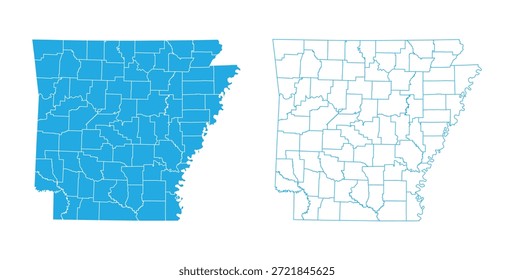 Silhueta azul e mapa vetorial esboço do estado do Arkansas com bordas do condado sobre fundo branco